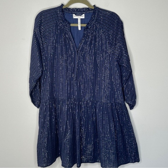 Apiece Apart Size XS Navy Laguna Mini Dress in Silver Lurex Pinstripes Preppy - Picture 4 of 15